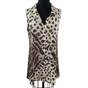 Lea by Lea Gottlieb Cream Brown Leopard Print Sleeveless Button Down Tunic Sz M